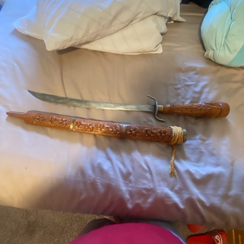 Decorative Carved Wood Scabbard Sword — Brown